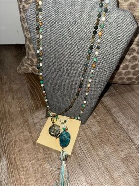 Like New Boho Multi-Stone Tassel Necklace - Teal, Turquoise & Earth Tones
